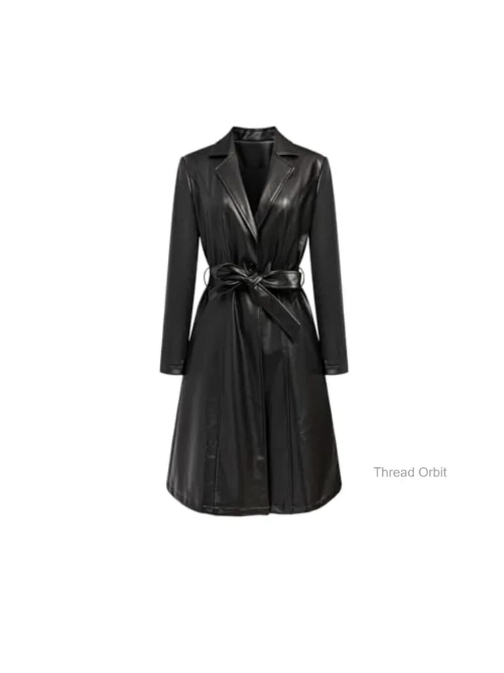 Faux Leather Long Trench Coat with Belt - Women's Motorcycle Overcoat